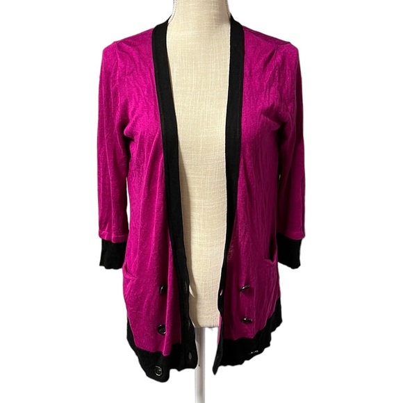 NWT Adam Lippes Long Sleeve Cardigan Sweater Pink Black Cashmere Bamboo Womens S - Picture 1 of 9
